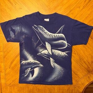 Vintage 90s Made In USA Single Stitch AOP Dolphins Shirt Men’s Size M Blue 1994